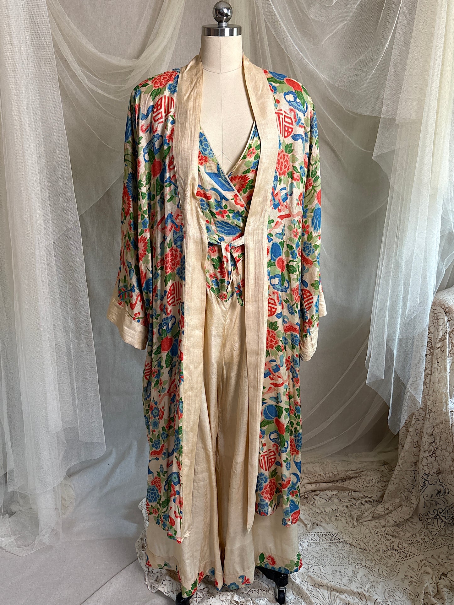 Antique 1920's Jumpsuit & Robe Lounge Set - Raw Pongee Silk with Jewel Tone Print, Made in Japan | S, M, LG