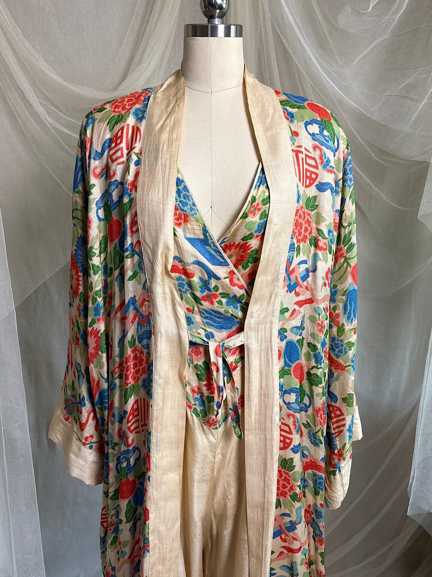 Antique 1920's Jumpsuit & Robe Lounge Set - Raw Pongee Silk with Jewel Tone Print, Made in Japan | S, M, LG