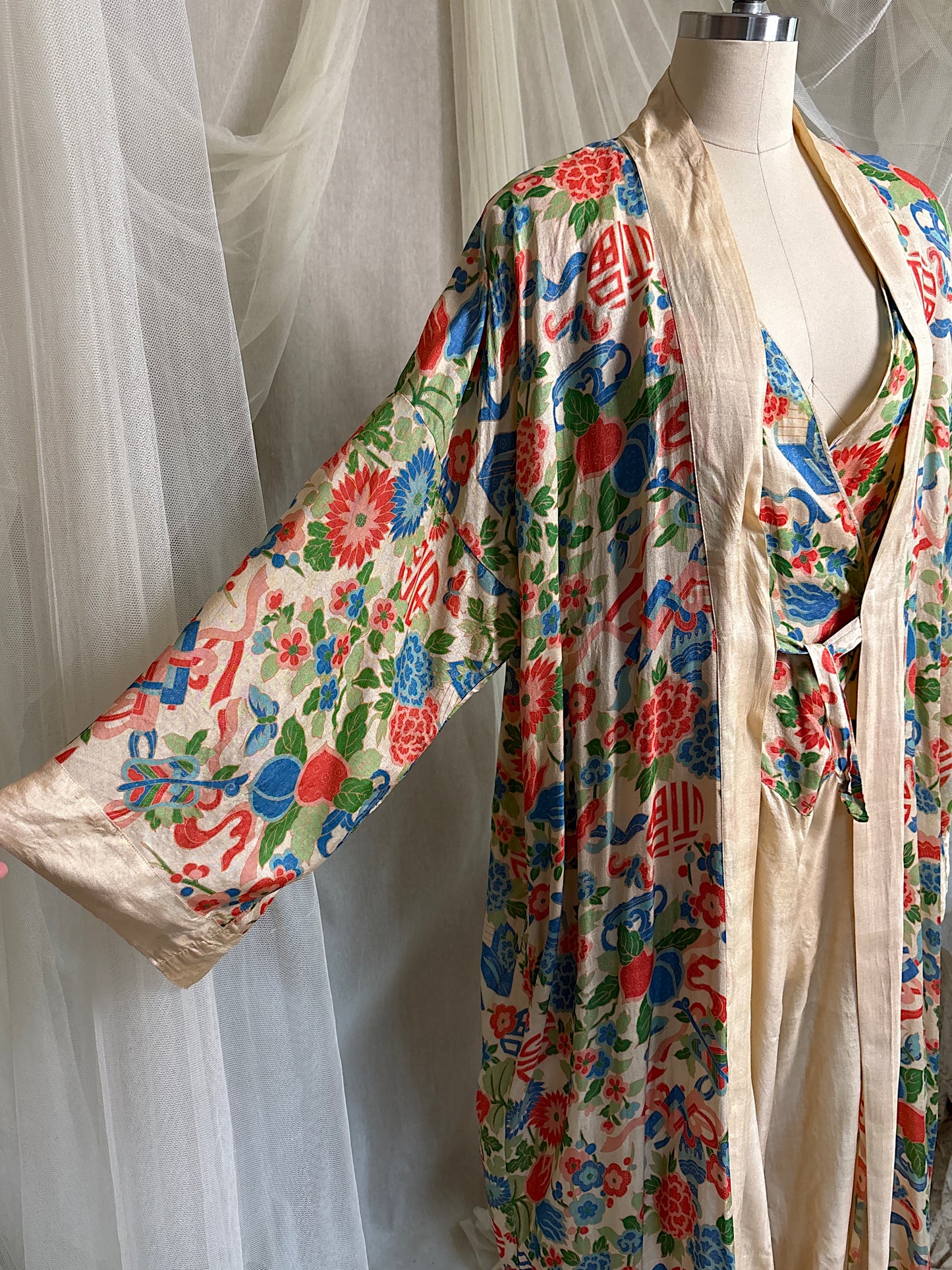 Antique 1920's Jumpsuit & Robe Lounge Set - Raw Pongee Silk with Jewel Tone Print, Made in Japan | S, M, LG