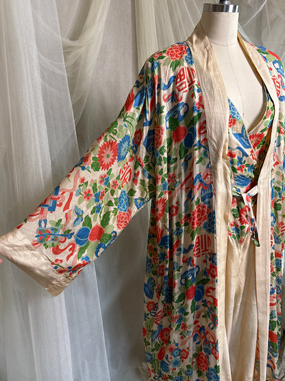 Antique 1920's Jumpsuit & Robe Lounge Set - Raw Pongee Silk with Jewel Tone Print, Made in Japan | S, M, LG
