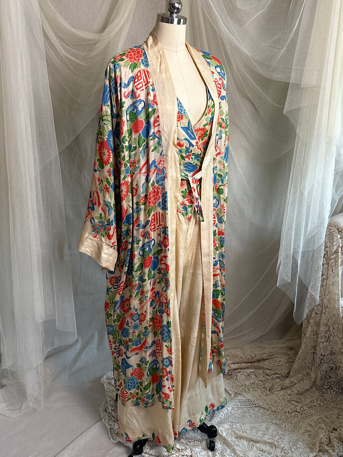 Antique 1920's Jumpsuit & Robe Lounge Set - Raw Pongee Silk with Jewel Tone Print, Made in Japan | S, M, LG