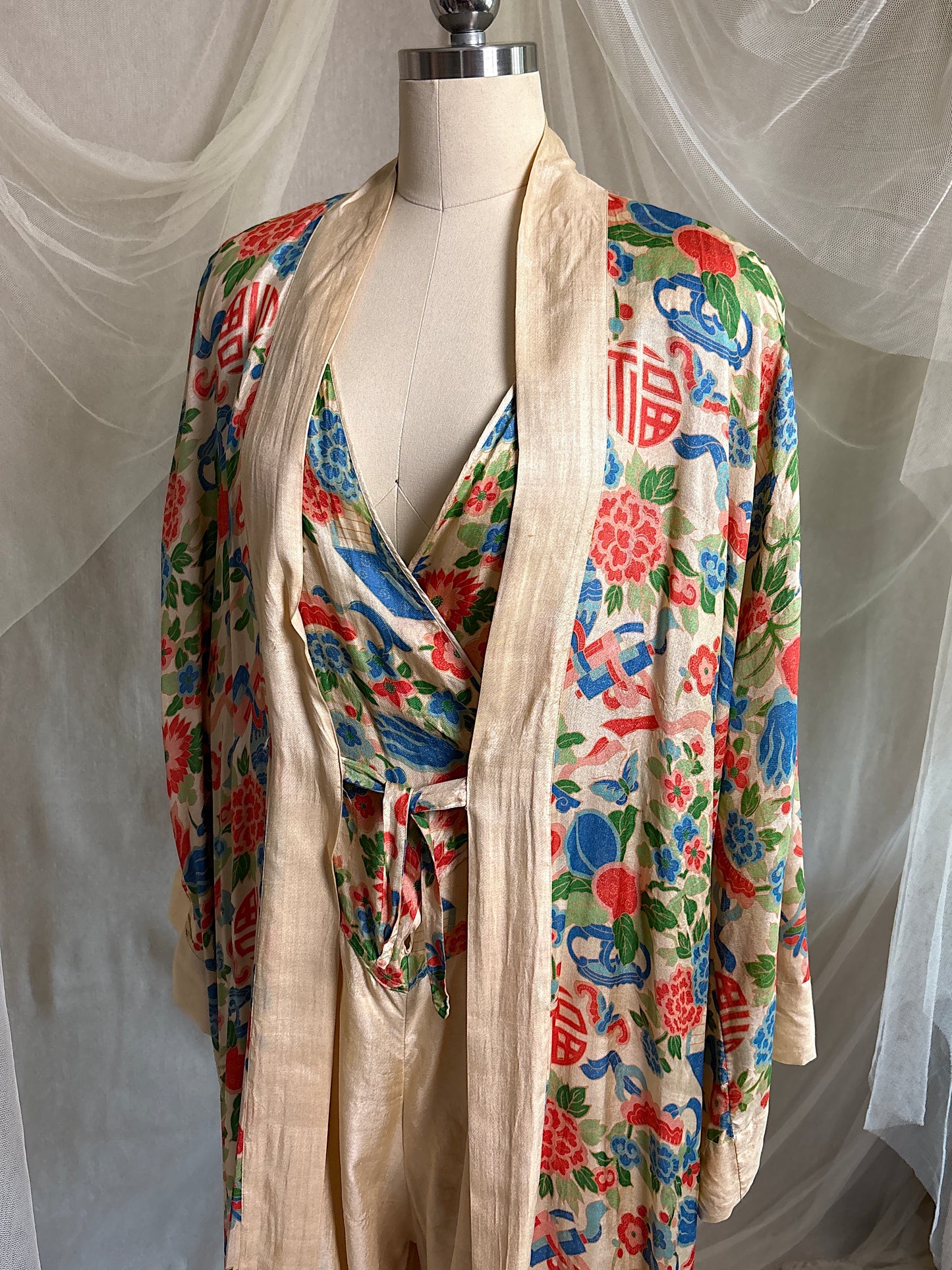 Antique 1920's Jumpsuit & Robe Lounge Set - Raw Pongee Silk with Jewel Tone Print, Made in Japan | S, M, LG