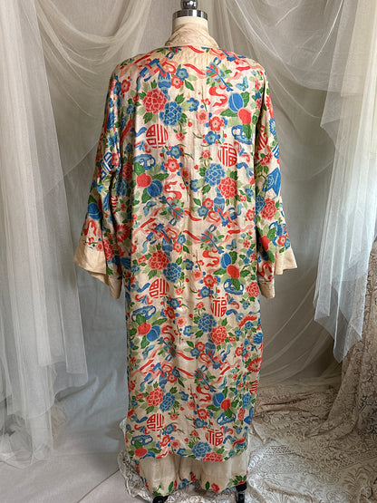 Antique 1920's Jumpsuit & Robe Lounge Set - Raw Pongee Silk with Jewel Tone Print, Made in Japan | S, M, LG