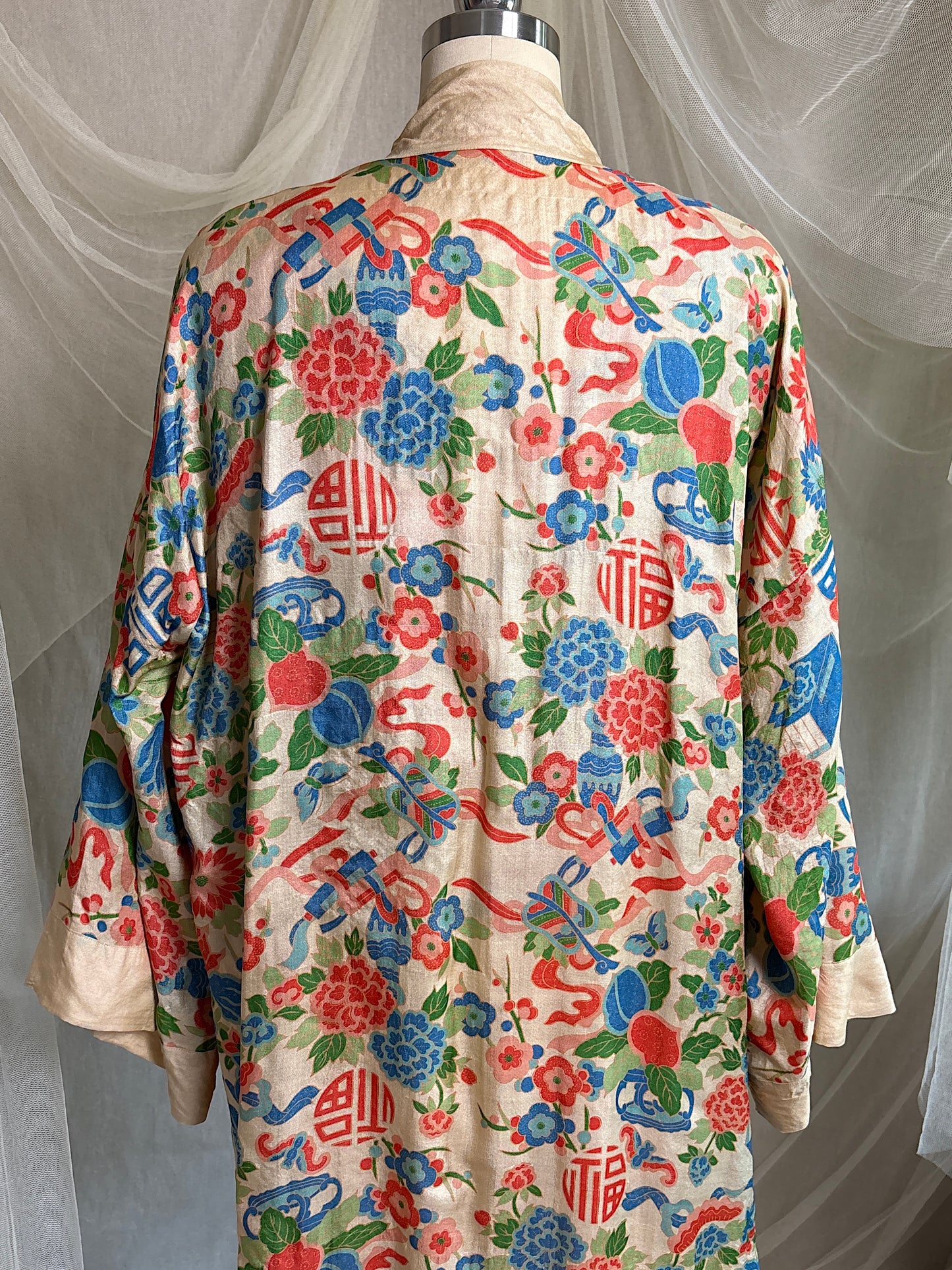 Antique 1920's Jumpsuit & Robe Lounge Set - Raw Pongee Silk with Jewel Tone Print, Made in Japan | S, M, LG