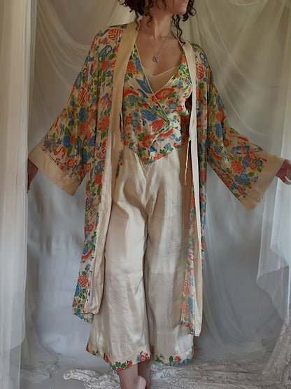 Antique 1920's Jumpsuit & Robe Lounge Set - Raw Pongee Silk with Jewel Tone Print, Made in Japan | S, M, LG