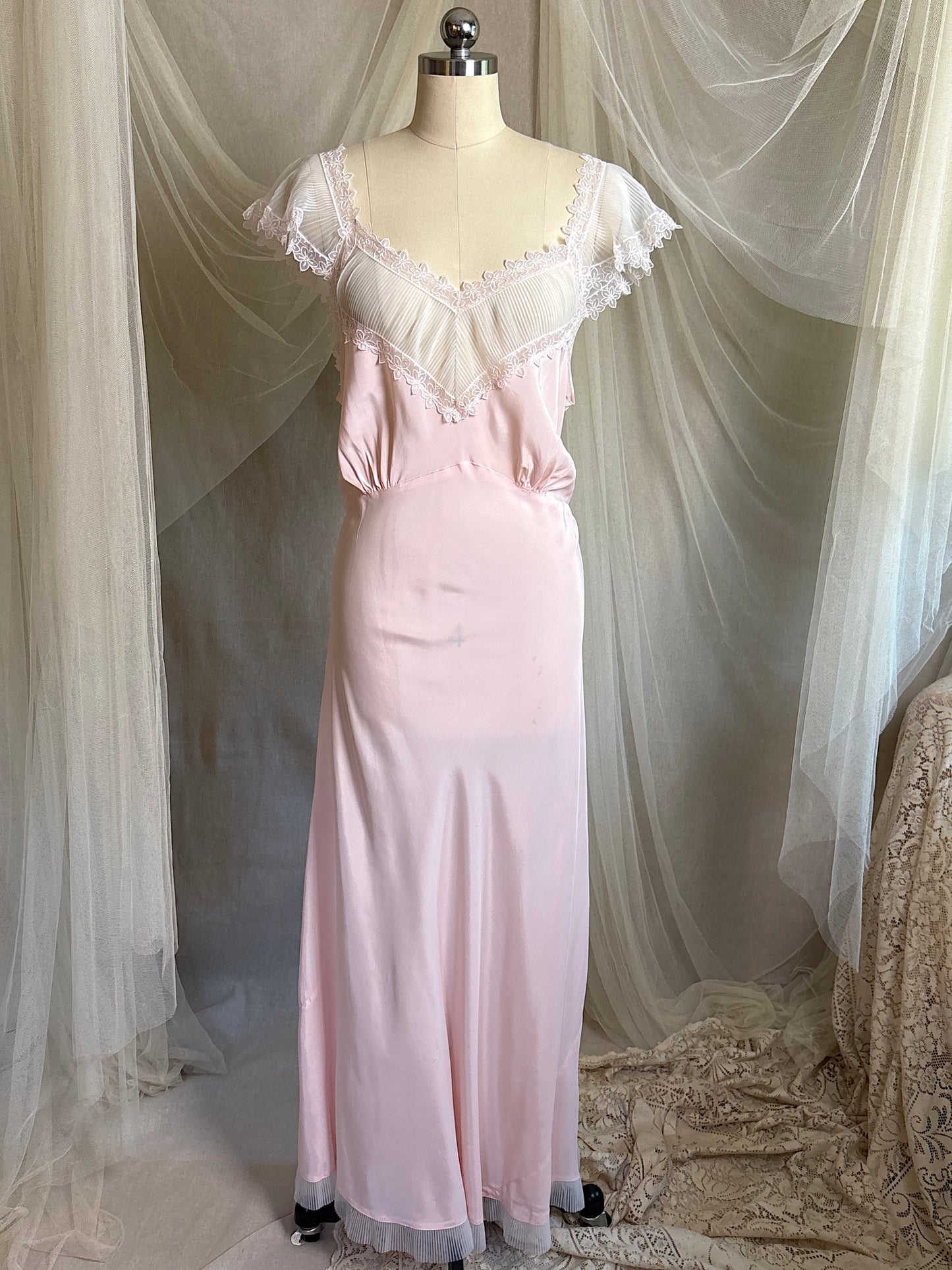 Vintage 1940's - 1950's Nightgown - Candy Pink Crepe with Ruffled White Chiffon by Slenderstyle | XLG, XXL