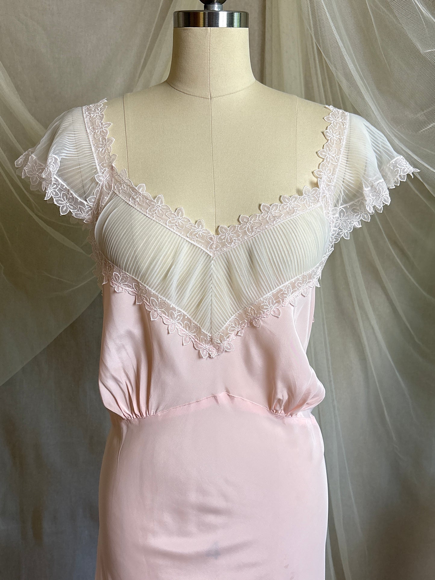 Vintage 1940's - 1950's Nightgown - Candy Pink Crepe with Ruffled White Chiffon by Slenderstyle | XLG, XXL