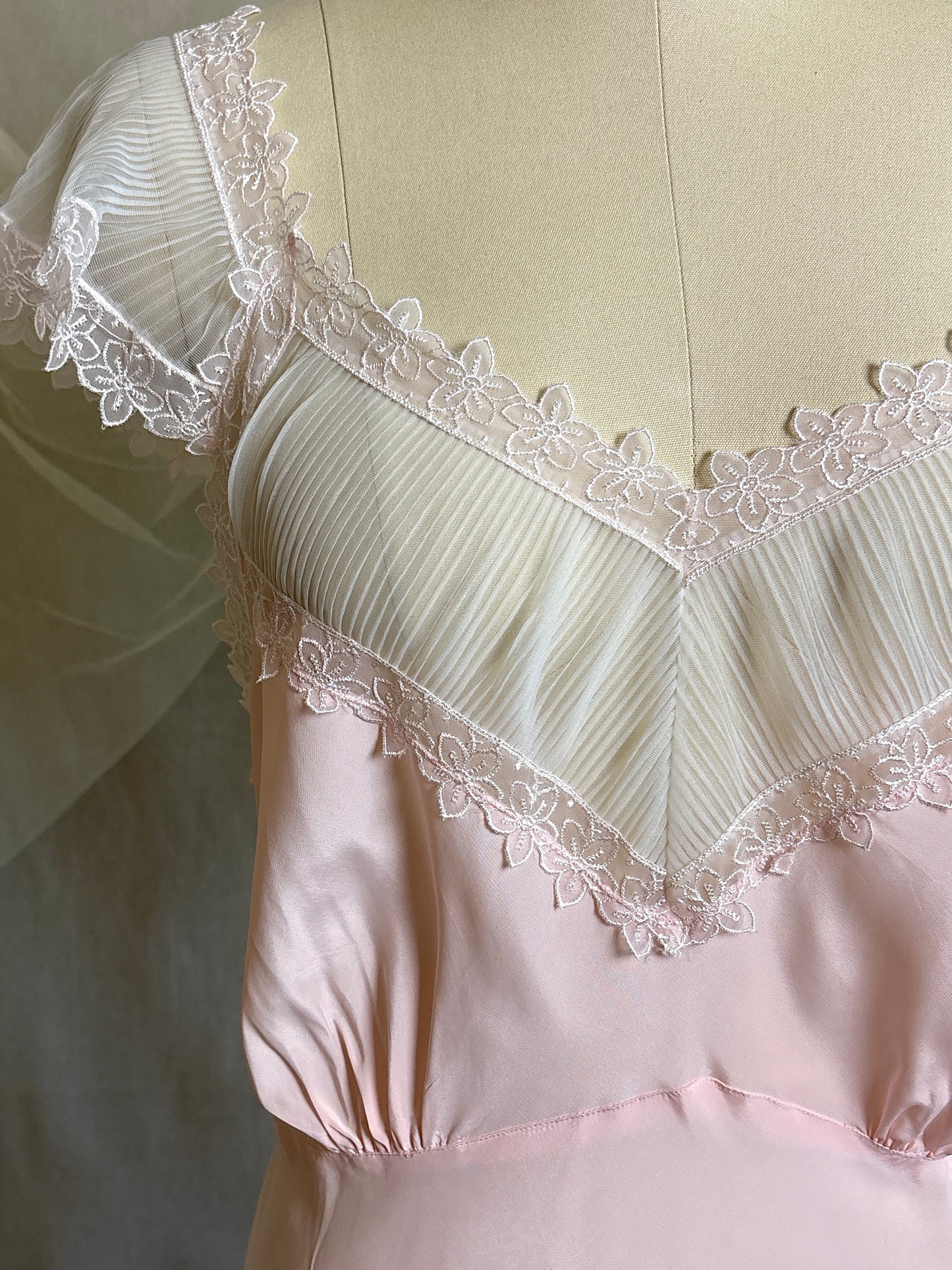 Vintage 1940's - 1950's Nightgown - Candy Pink Crepe with Ruffled White Chiffon by Slenderstyle | XLG, XXL