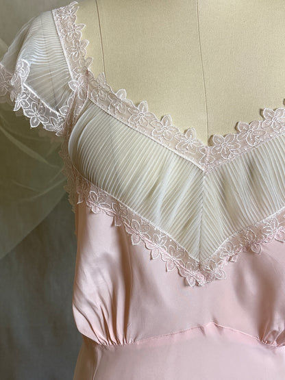 Vintage 1940's - 1950's Nightgown - Candy Pink Crepe with Ruffled White Chiffon by Slenderstyle | XLG, XXL