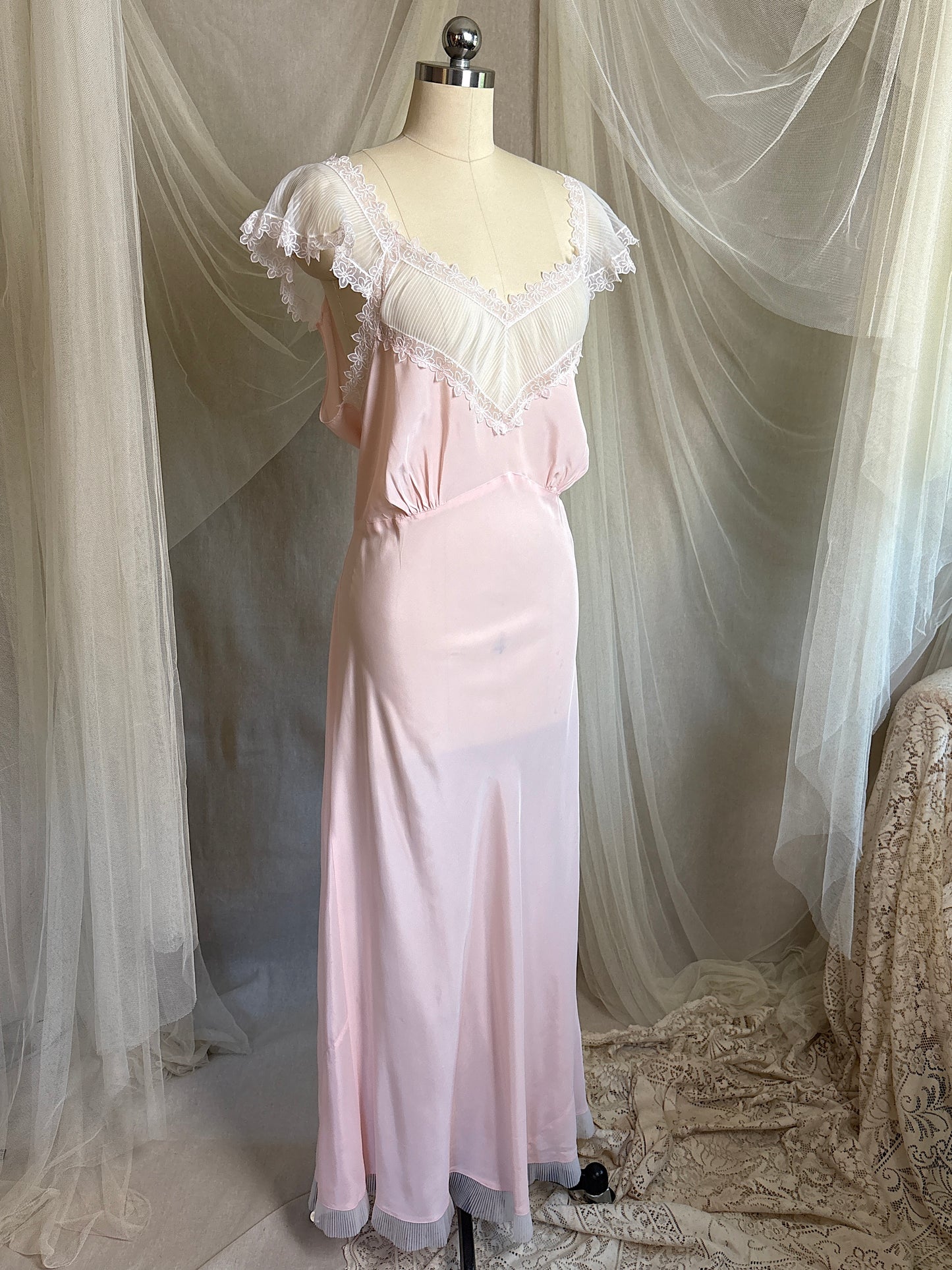 Vintage 1940's - 1950's Nightgown - Candy Pink Crepe with Ruffled White Chiffon by Slenderstyle | XLG, XXL