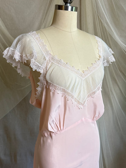 Vintage 1940's - 1950's Nightgown - Candy Pink Crepe with Ruffled White Chiffon by Slenderstyle | XLG, XXL
