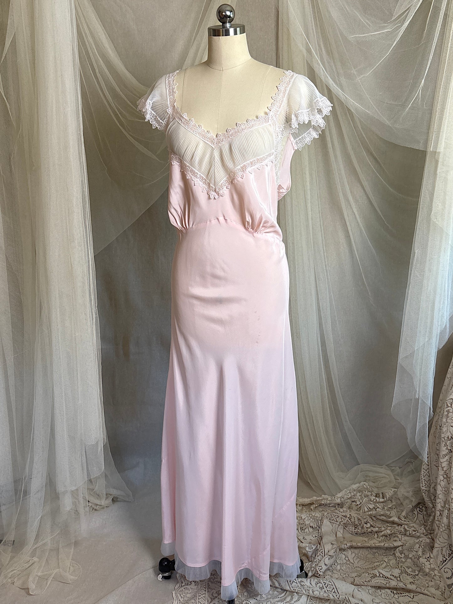 Vintage 1940's - 1950's Nightgown - Candy Pink Crepe with Ruffled White Chiffon by Slenderstyle | XLG, XXL