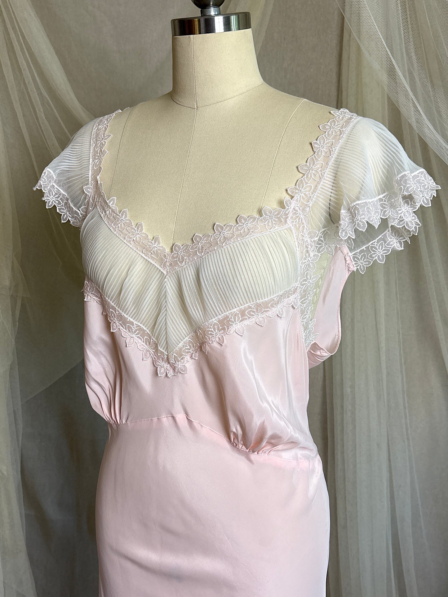 Vintage 1940's - 1950's Nightgown - Candy Pink Crepe with Ruffled White Chiffon by Slenderstyle | XLG, XXL