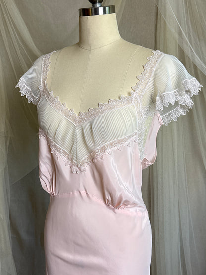 Vintage 1940's - 1950's Nightgown - Candy Pink Crepe with Ruffled White Chiffon by Slenderstyle | XLG, XXL