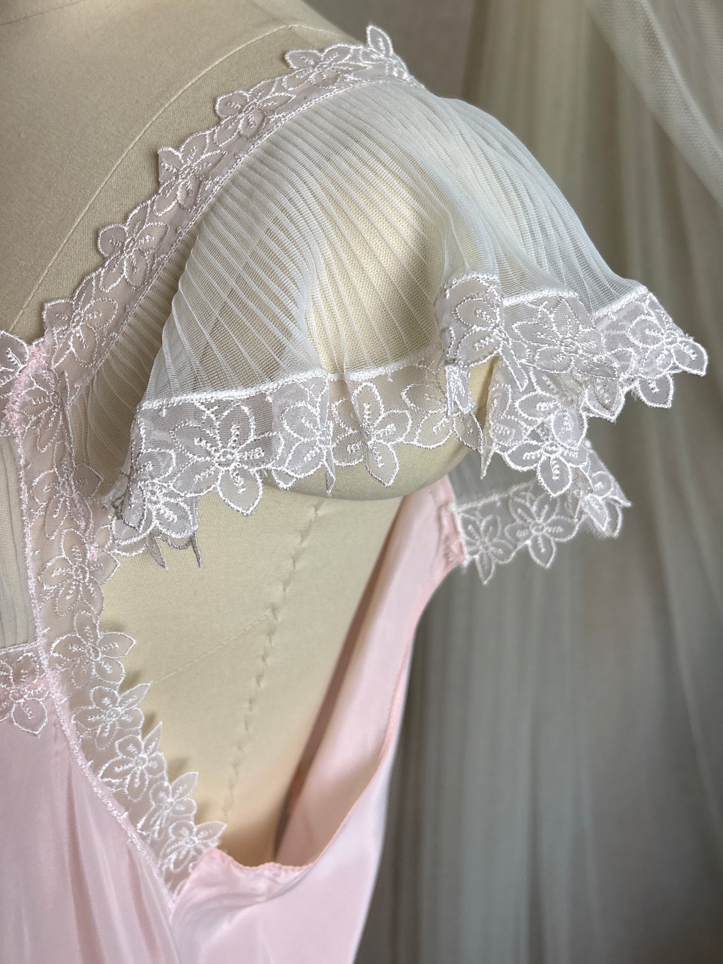 Vintage 1940's - 1950's Nightgown - Candy Pink Crepe with Ruffled White Chiffon by Slenderstyle | XLG, XXL