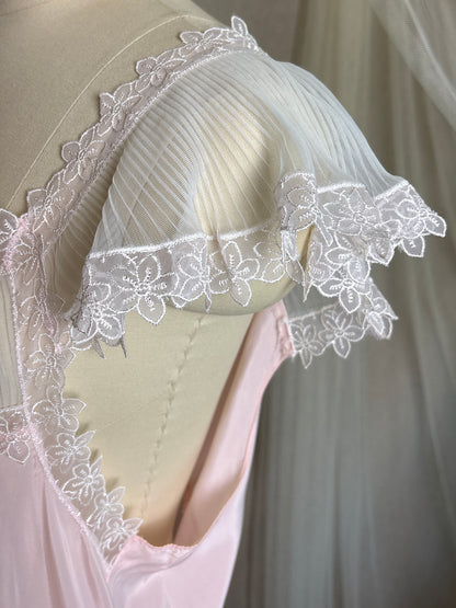 Vintage 1940's - 1950's Nightgown - Candy Pink Crepe with Ruffled White Chiffon by Slenderstyle | XLG, XXL