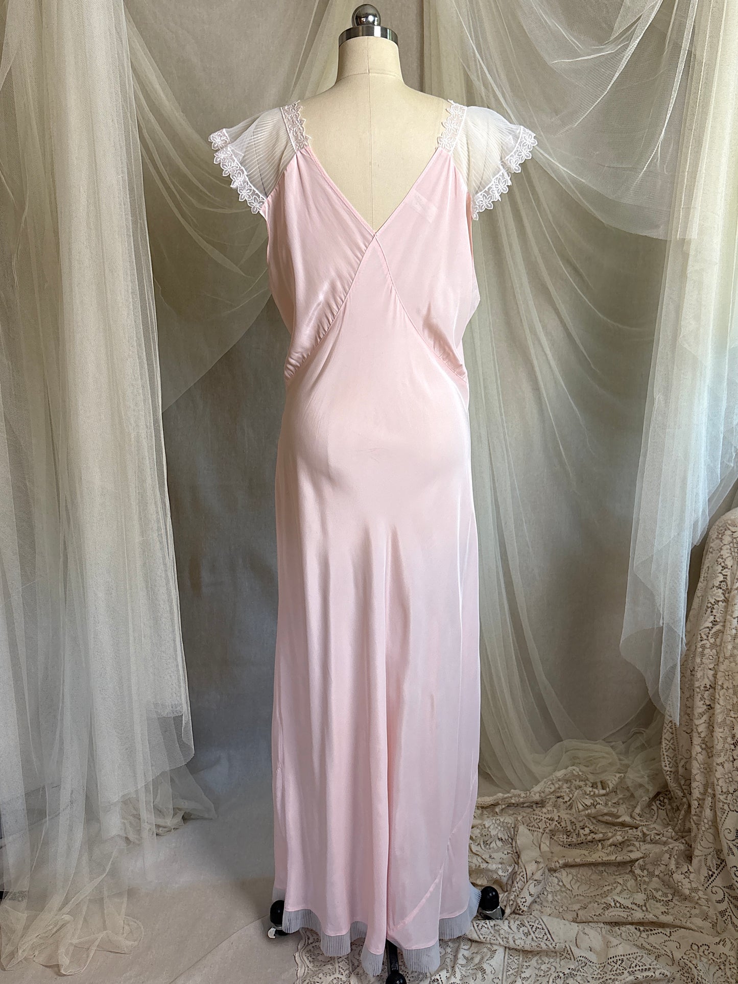 Vintage 1940's - 1950's Nightgown - Candy Pink Crepe with Ruffled White Chiffon by Slenderstyle | XLG, XXL