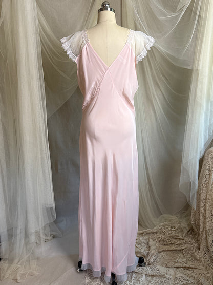 Vintage 1940's - 1950's Nightgown - Candy Pink Crepe with Ruffled White Chiffon by Slenderstyle | XLG, XXL