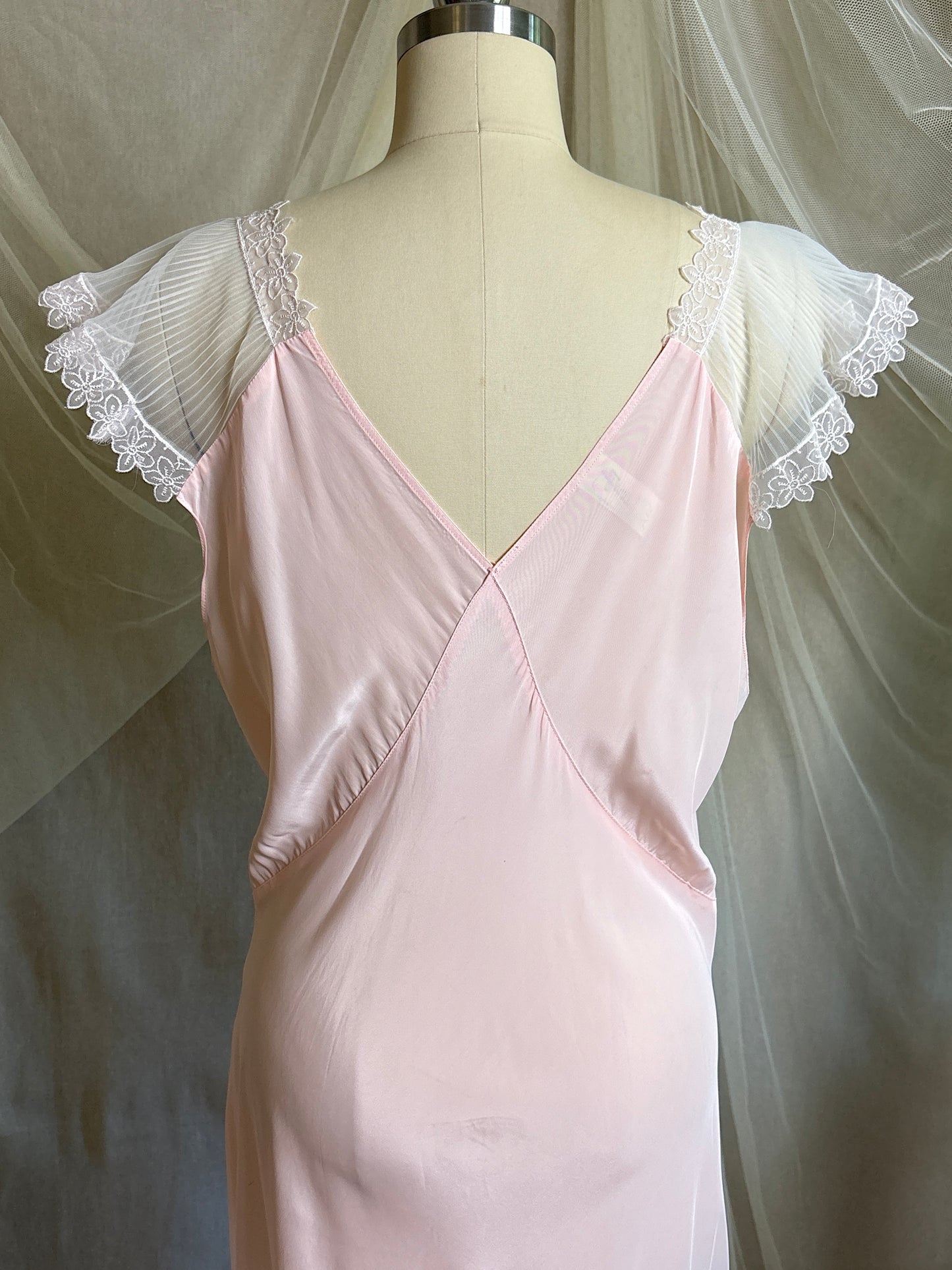 Vintage 1940's - 1950's Nightgown - Candy Pink Crepe with Ruffled White Chiffon by Slenderstyle | XLG, XXL