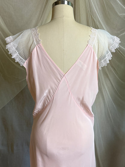 Vintage 1940's - 1950's Nightgown - Candy Pink Crepe with Ruffled White Chiffon by Slenderstyle | XLG, XXL