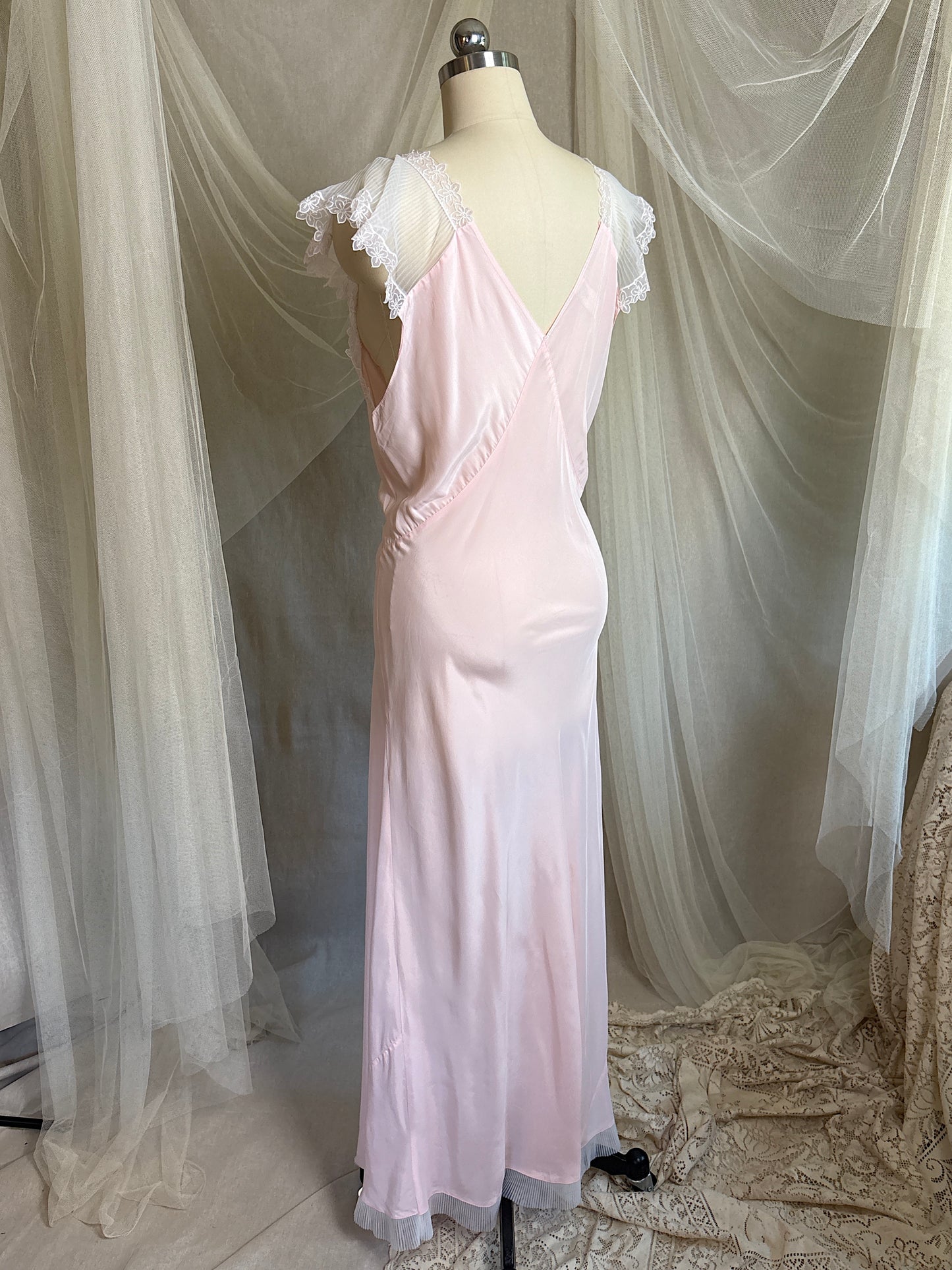 Vintage 1940's - 1950's Nightgown - Candy Pink Crepe with Ruffled White Chiffon by Slenderstyle | XLG, XXL