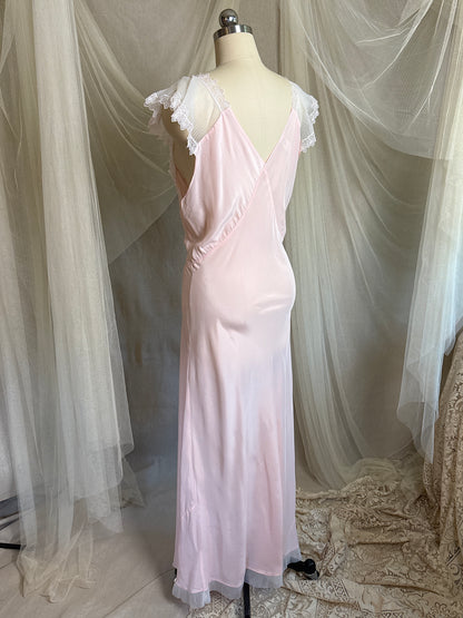 Vintage 1940's - 1950's Nightgown - Candy Pink Crepe with Ruffled White Chiffon by Slenderstyle | XLG, XXL