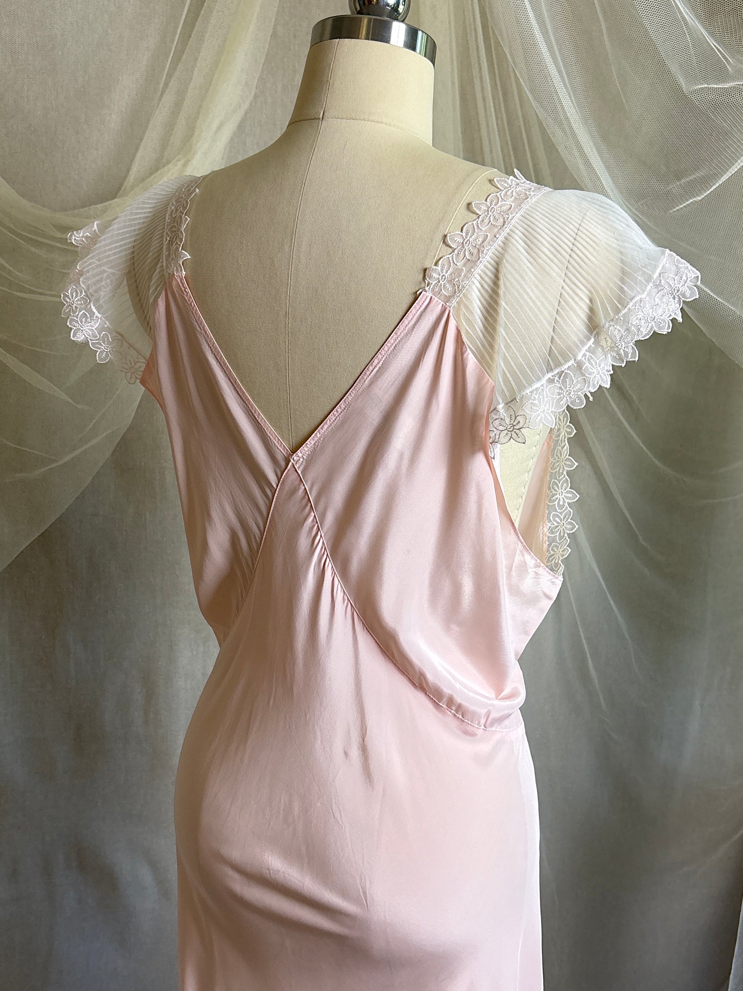 Vintage 1940's - 1950's Nightgown - Candy Pink Crepe with Ruffled White Chiffon by Slenderstyle | XLG, XXL