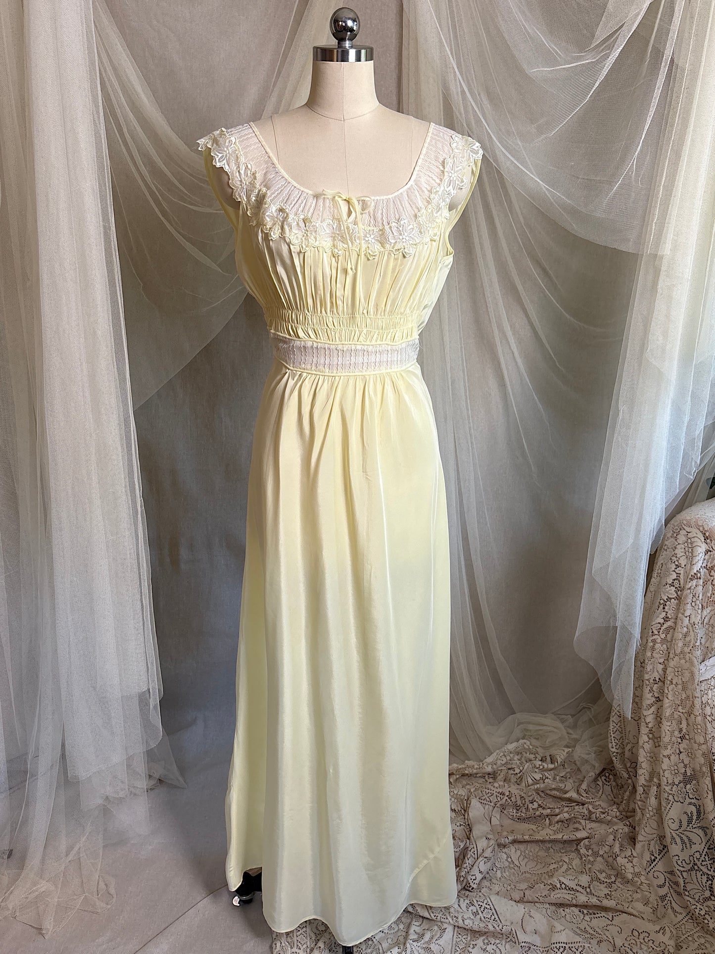 Vintage 1940's - 1950's Nightgown - Daffodil Yellow Rayon Crepe with Sheer White Nylon Chiffon | S, M
