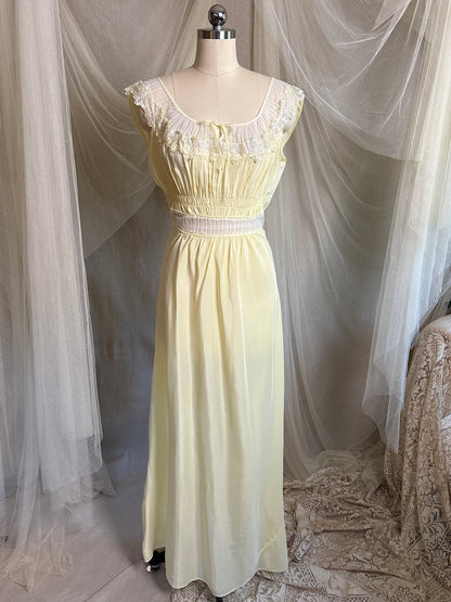 Vintage 1940's - 1950's Nightgown - Daffodil Yellow Rayon Crepe with Sheer White Nylon Chiffon | S, M
