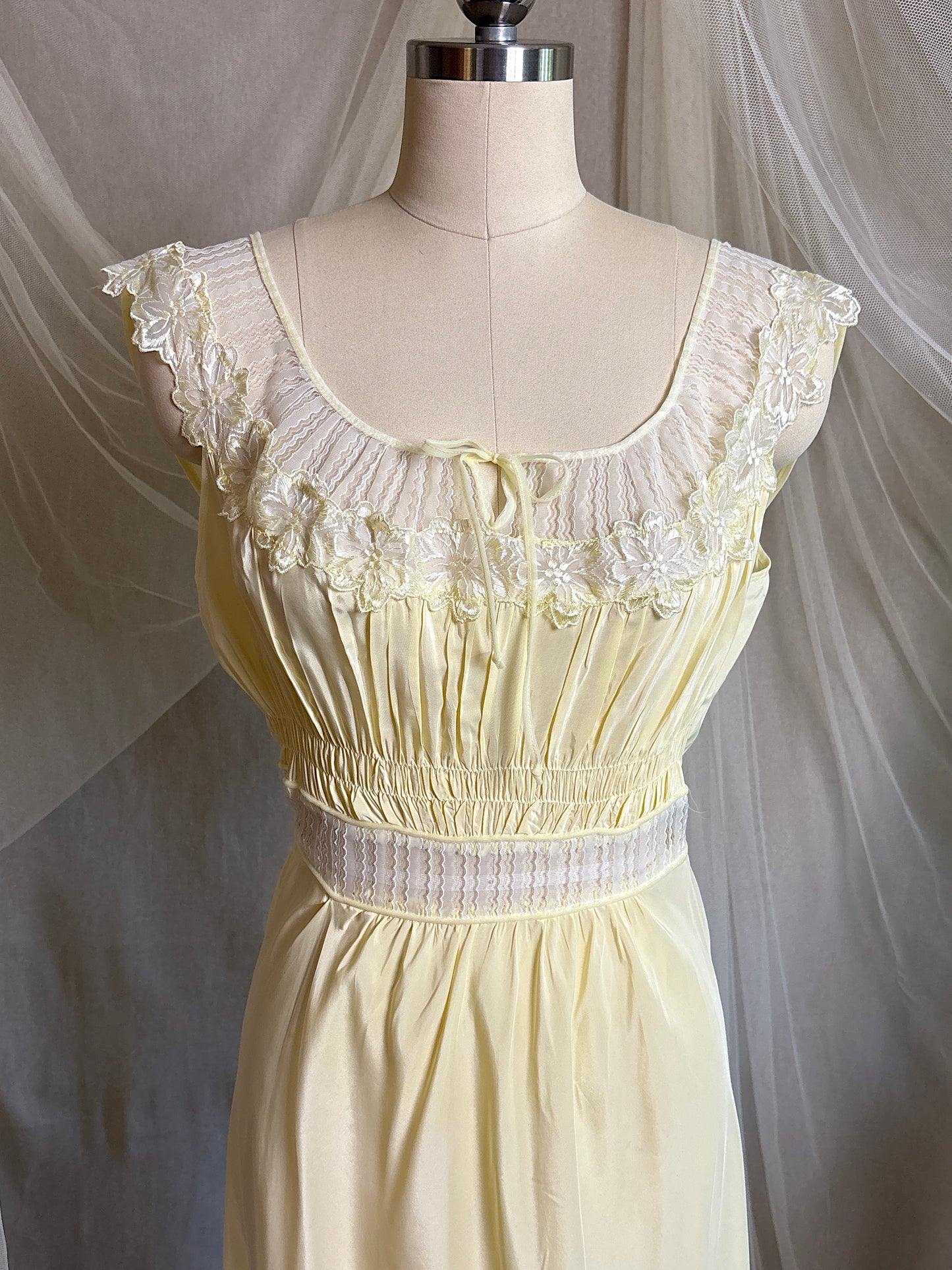 Vintage 1940's - 1950's Nightgown - Daffodil Yellow Rayon Crepe with Sheer White Nylon Chiffon | S, M