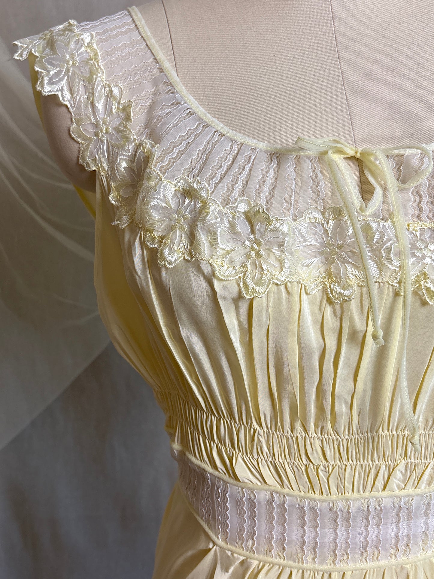 Vintage 1940's - 1950's Nightgown - Daffodil Yellow Rayon Crepe with Sheer White Nylon Chiffon | S, M
