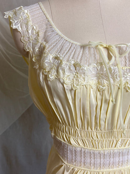 Vintage 1940's - 1950's Nightgown - Daffodil Yellow Rayon Crepe with Sheer White Nylon Chiffon | S, M