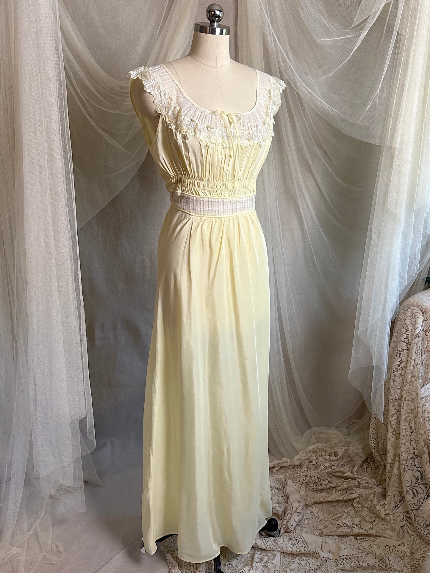 Vintage 1940's - 1950's Nightgown - Daffodil Yellow Rayon Crepe with Sheer White Nylon Chiffon | S, M