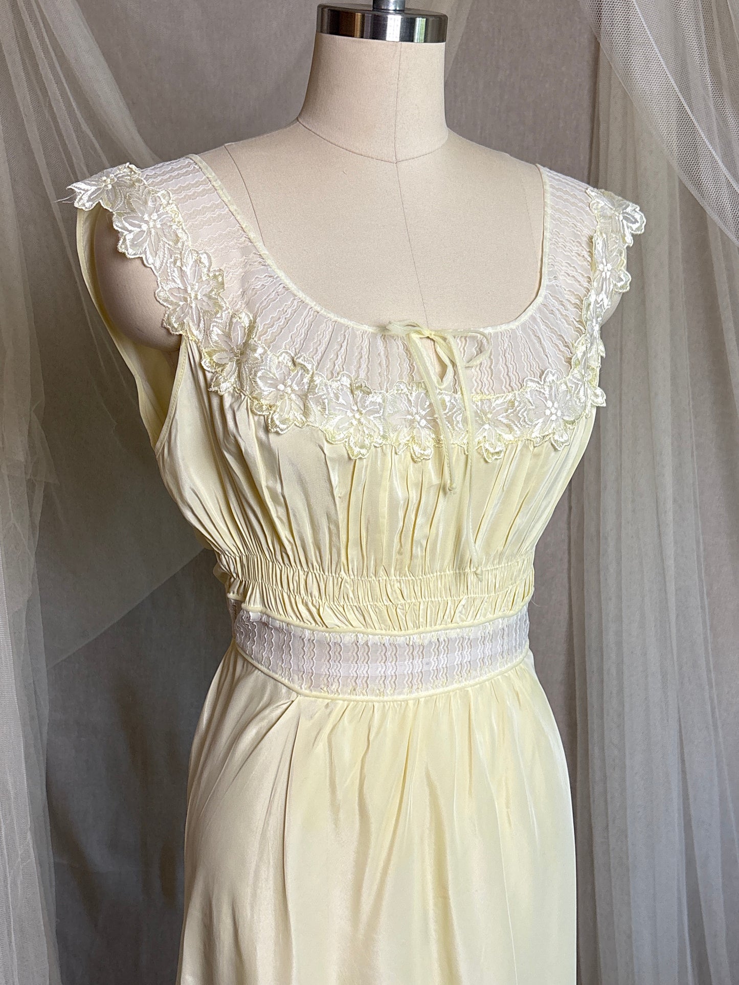 Vintage 1940's - 1950's Nightgown - Daffodil Yellow Rayon Crepe with Sheer White Nylon Chiffon | S, M