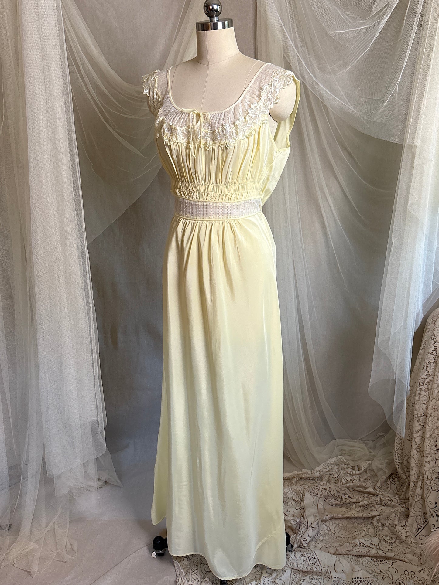 Vintage 1940's - 1950's Nightgown - Daffodil Yellow Rayon Crepe with Sheer White Nylon Chiffon | S, M
