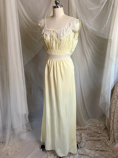 Vintage 1940's - 1950's Nightgown - Daffodil Yellow Rayon Crepe with Sheer White Nylon Chiffon | S, M