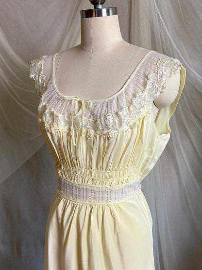 Vintage 1940's - 1950's Nightgown - Daffodil Yellow Rayon Crepe with Sheer White Nylon Chiffon | S, M