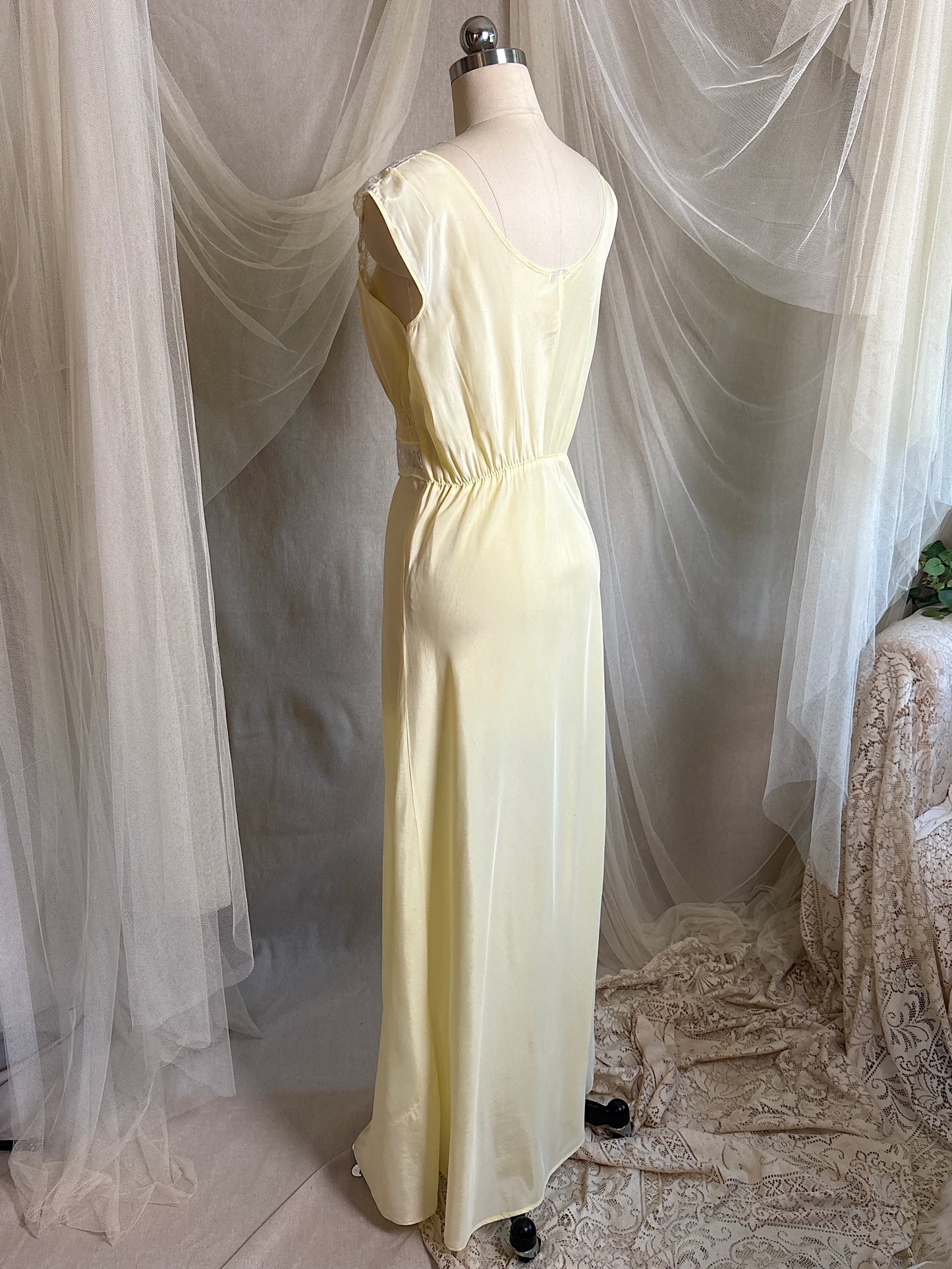 Vintage 1940's - 1950's Nightgown - Daffodil Yellow Rayon Crepe with Sheer White Nylon Chiffon | S, M
