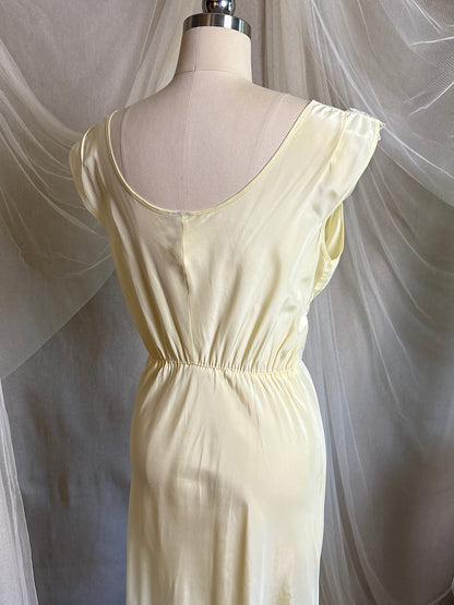 Vintage 1940's - 1950's Nightgown - Daffodil Yellow Rayon Crepe with Sheer White Nylon Chiffon | S, M