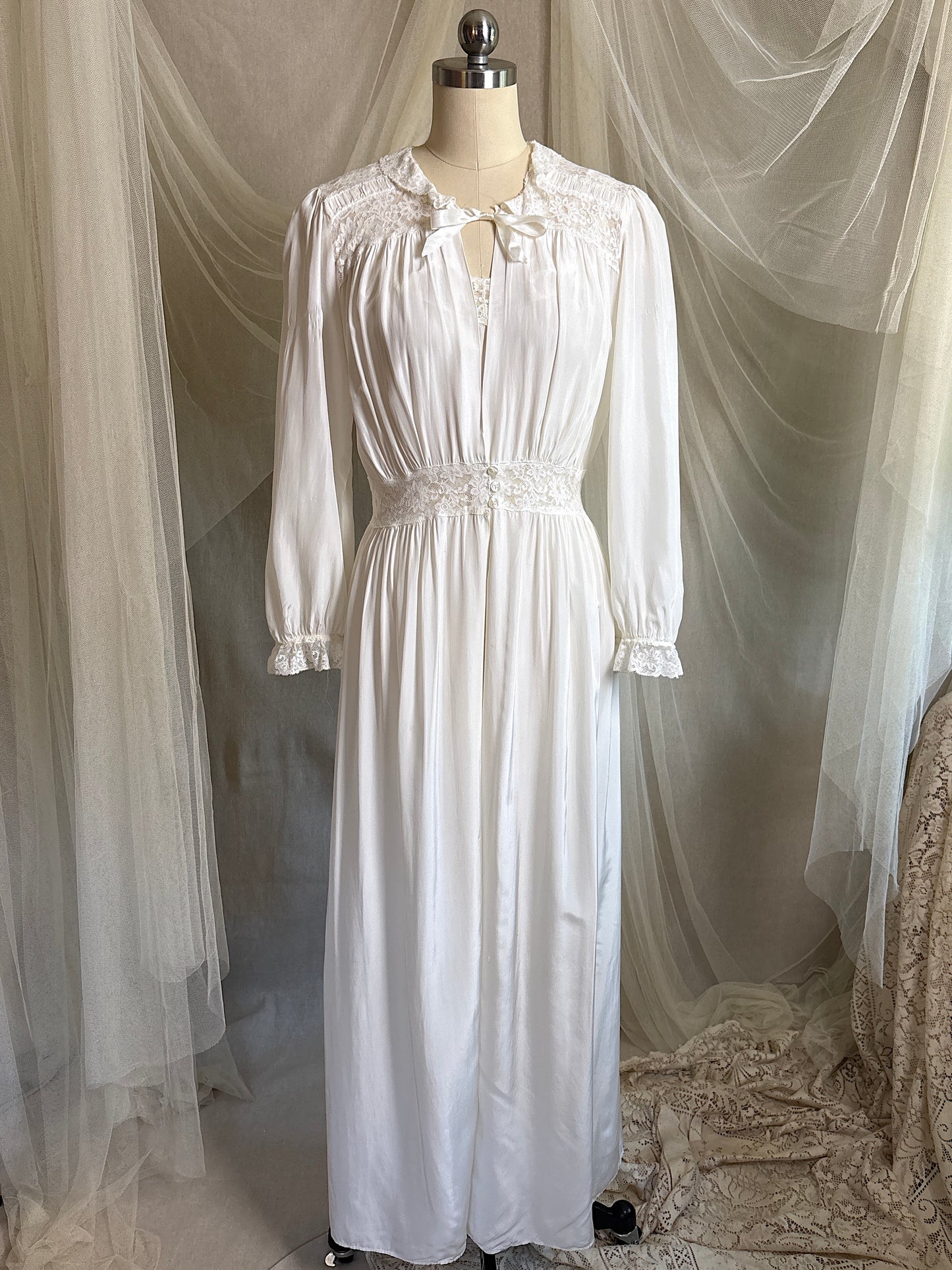 Vintage 1940's Nightgown & Peignoir Set - White Rayon with Cotton Lace by Lady Doretta | XS, S