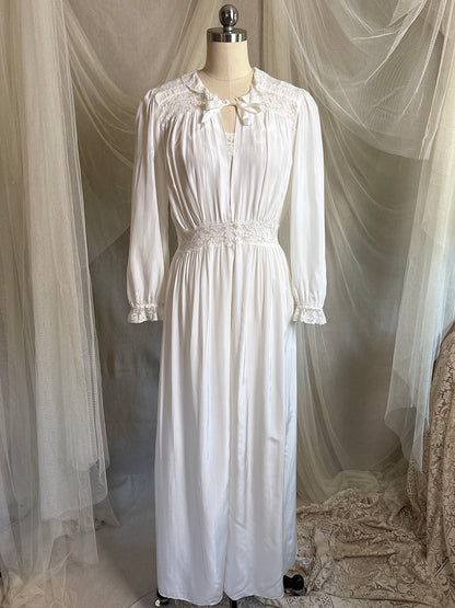 Vintage 1940's Nightgown & Peignoir Set - White Rayon with Cotton Lace by Lady Doretta | XS, S