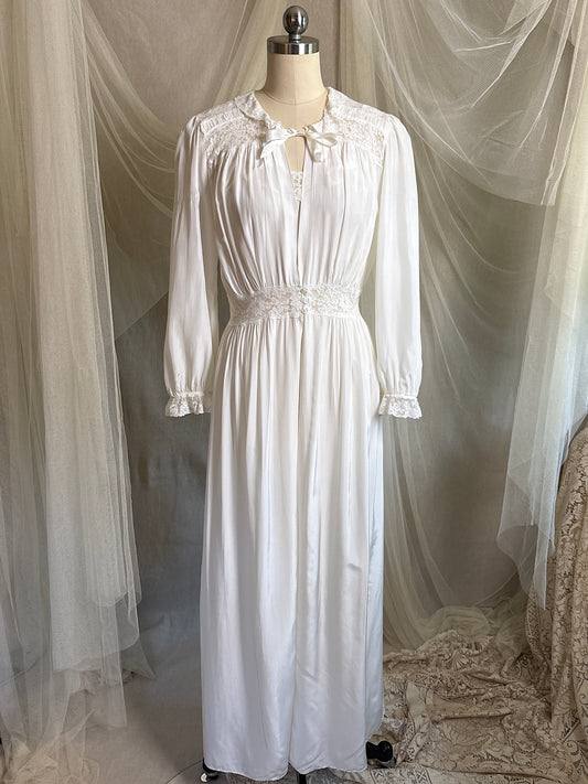 Vintage 1940's Nightgown & Peignoir Set - White Rayon with Cotton Lace by Lady Doretta | XS, S