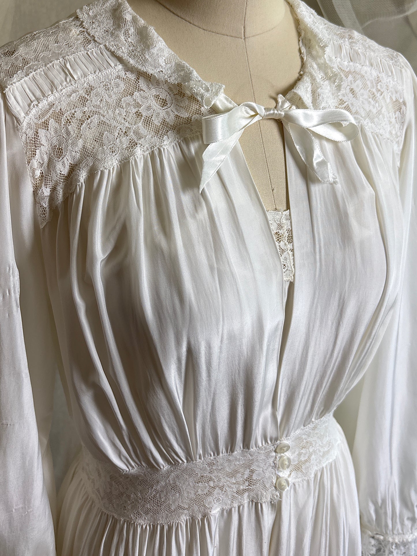 Vintage 1940's Nightgown & Peignoir Set - White Rayon with Cotton Lace by Lady Doretta | XS, S