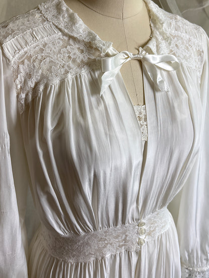 Vintage 1940's Nightgown & Peignoir Set - White Rayon with Cotton Lace by Lady Doretta | XS, S