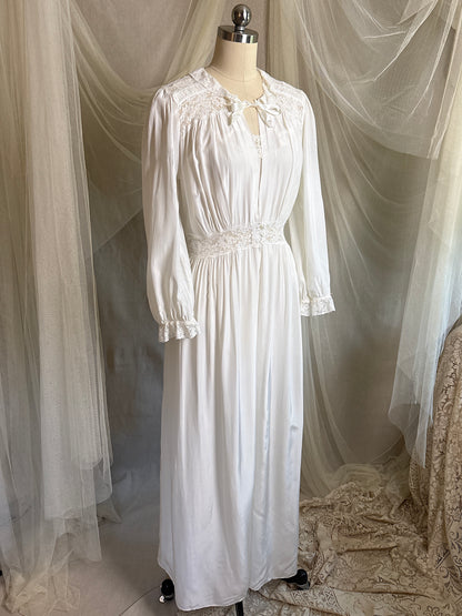 Vintage 1940's Nightgown & Peignoir Set - White Rayon with Cotton Lace by Lady Doretta | XS, S