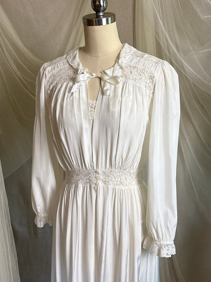 Vintage 1940's Nightgown & Peignoir Set - White Rayon with Cotton Lace by Lady Doretta | XS, S