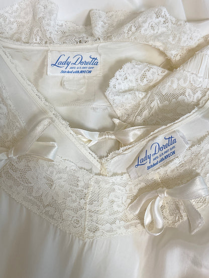Vintage 1940's Nightgown & Peignoir Set - White Rayon with Cotton Lace by Lady Doretta | XS, S