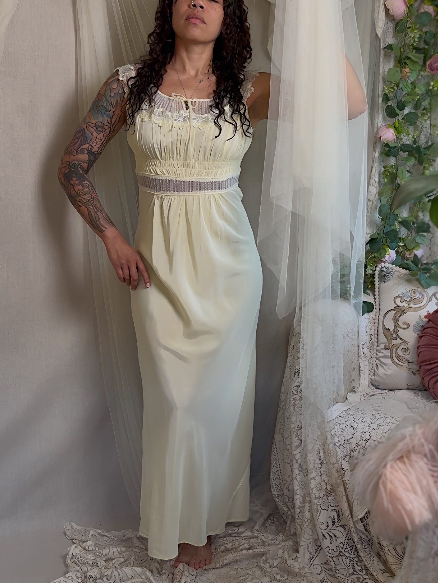 Vintage 1940's - 1950's Nightgown - Daffodil Yellow Rayon Crepe with Sheer White Nylon Chiffon | S, M