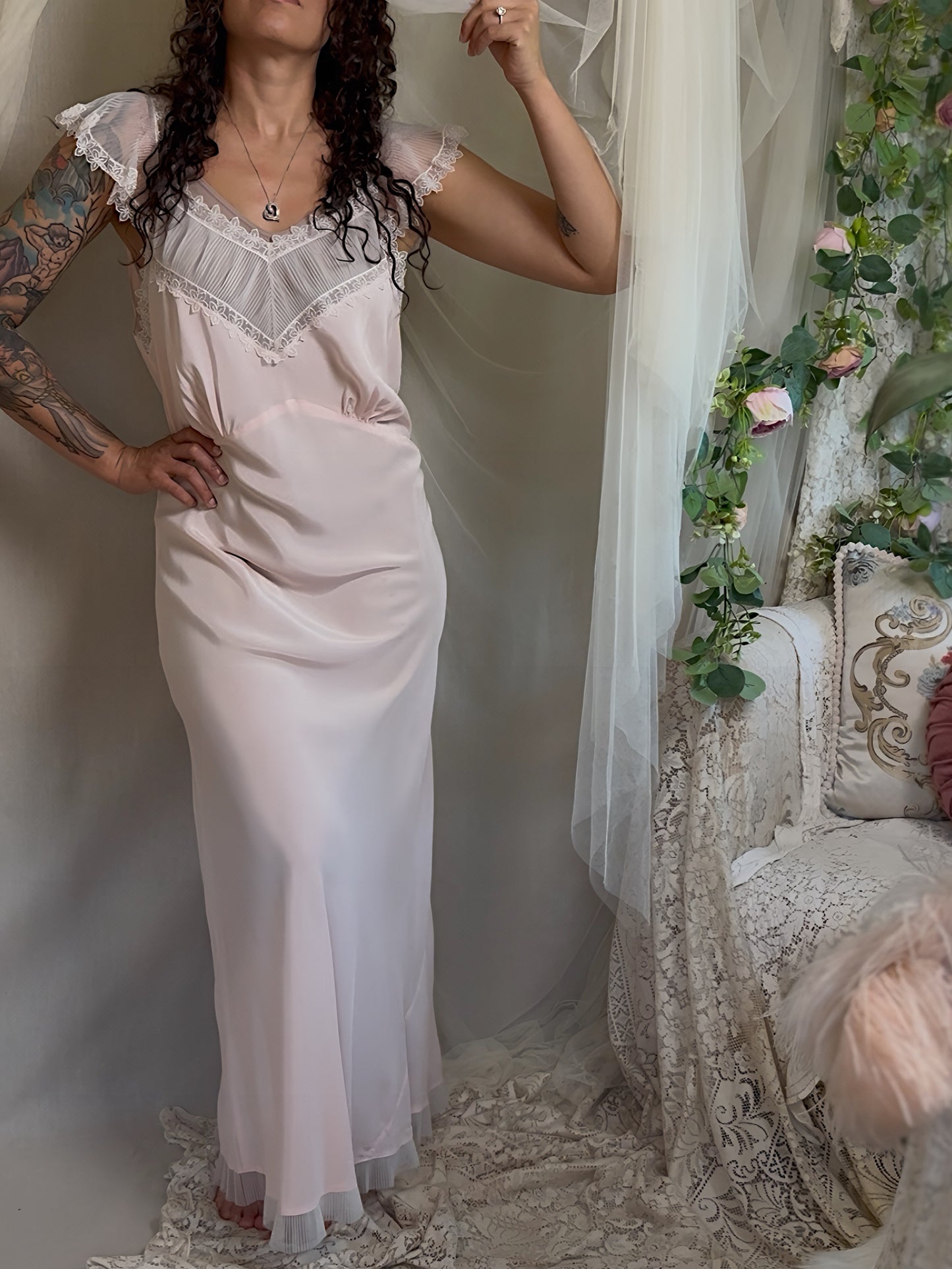 Vintage 1940's - 1950's Nightgown - Candy Pink Crepe with Ruffled White Chiffon by Slenderstyle | XLG, XXL