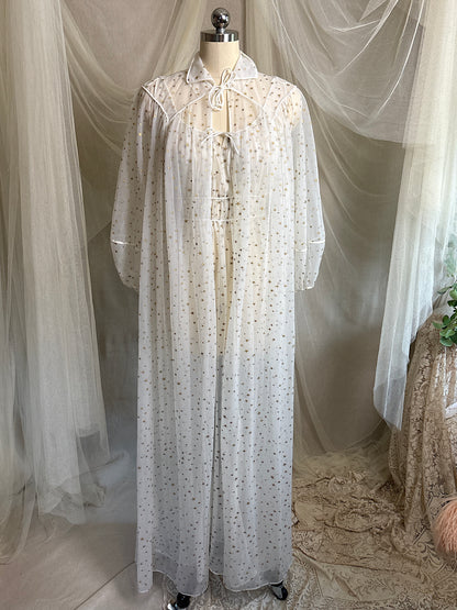 Vintage 1950's Nightgown & Peignoir Set - Sheer White Nylon Chiffon with Gold Stars by Carter's | XS, S